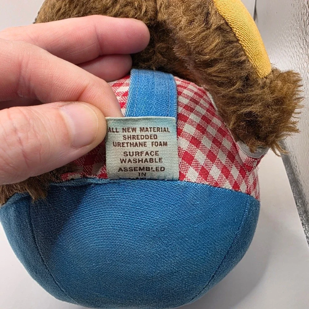 Fisher Price Plush Roly Poly Bear Brown Gingham Yellow Bib 719 7x6in